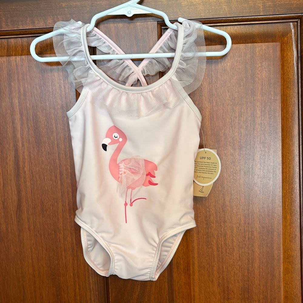 First impressions, flamingo, pink bathing suit size 12 month